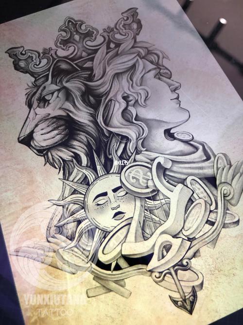 纹身师梅梅原创作品,将狮子座与太阳神设计在一起,为客人专门定制设计